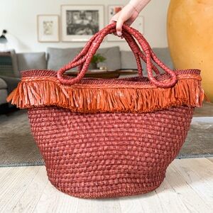 Johanna Ortiz Leather-trimmed Fringed Woven Straw Tote